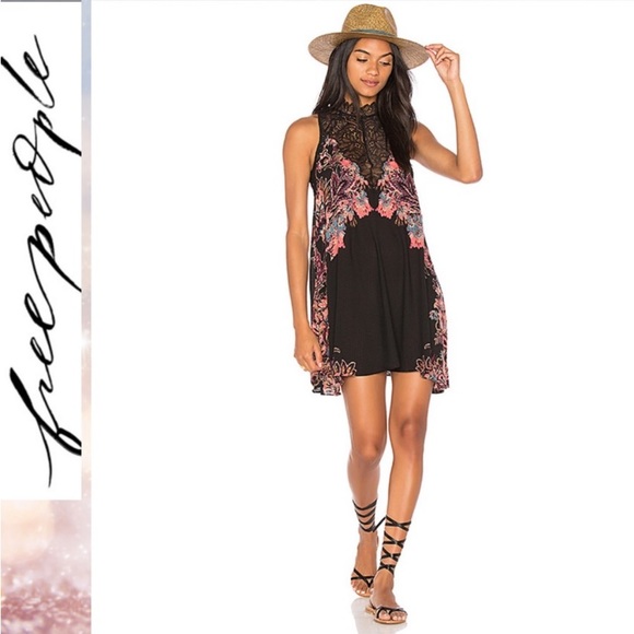 Free People “Marsha” Slip Dress W/ Black Lace & Multi-Color Floral Pattern - Picture 3 of 7